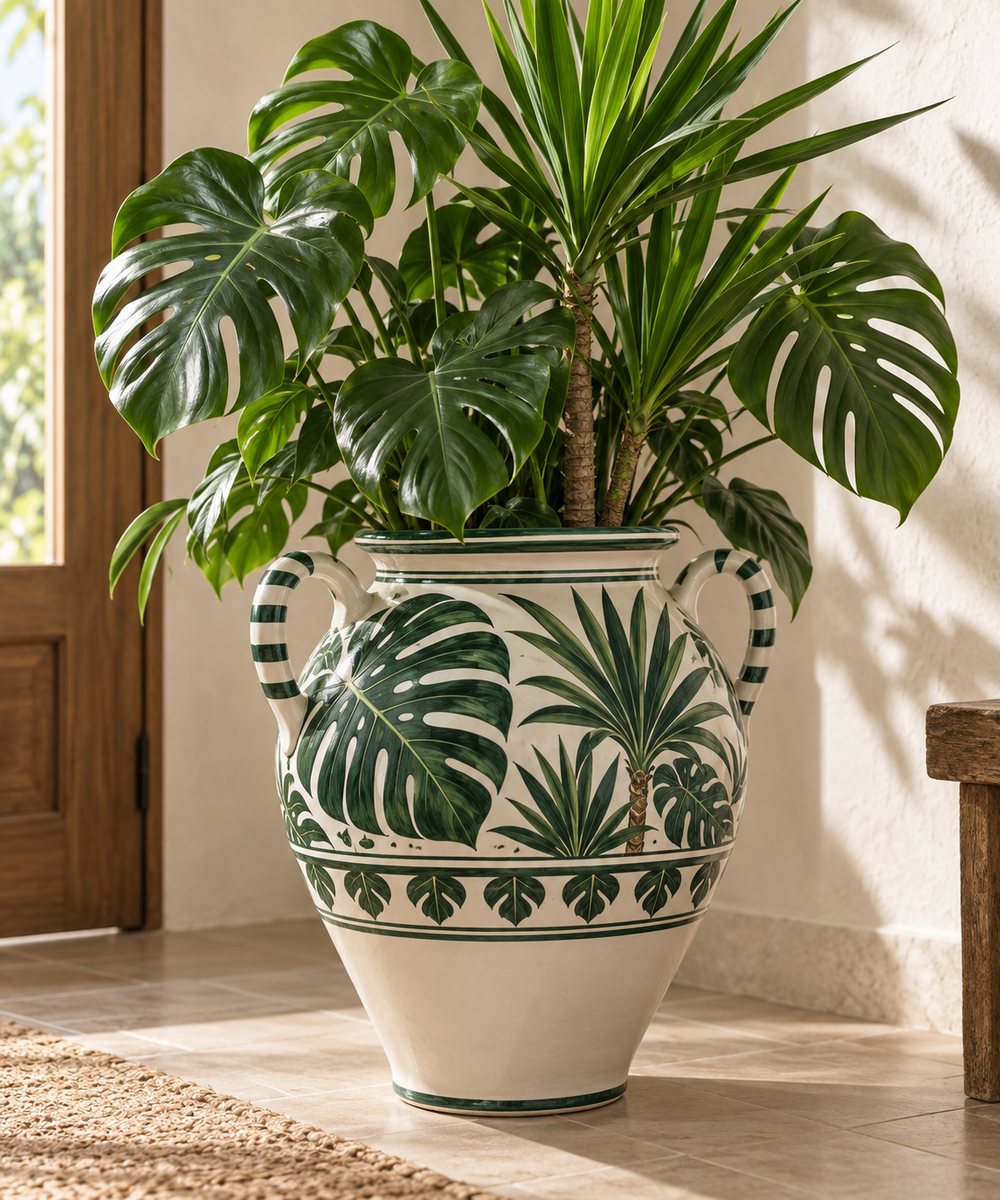 Monstera et yucca plantés dans une jarre en céramique peinte à la main de feuilles tropicales vertes